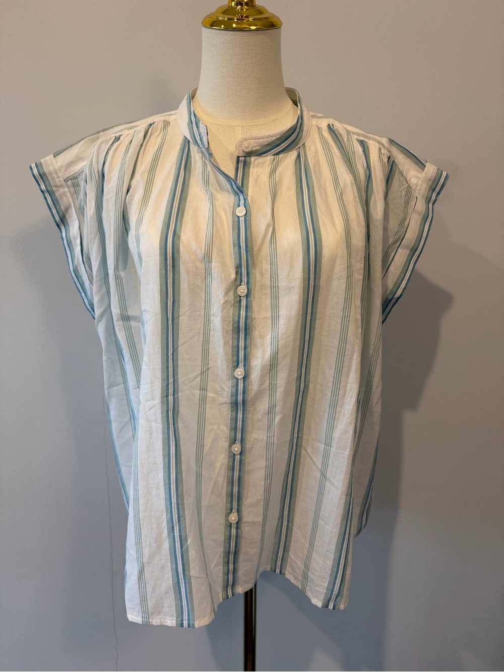LOFT White and Blue Vertical Stripe Button-Front Blouse